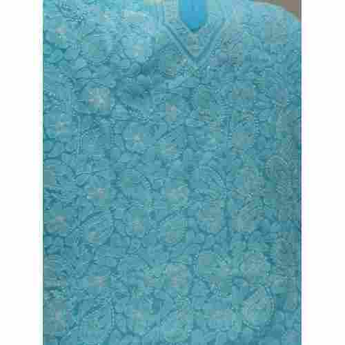 Easy To Usable Soft And Comfortable Sky Blue Chikan Embroiderd Dress Material 