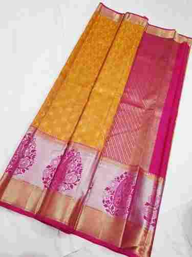 Lightweight Soft And Comfortable To Wear Yellow With Pink Printed Bridal Saree 