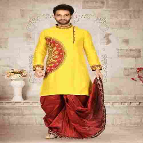 Soft In Touch And Appealing Look, Very Comfortable Cotton Silk Yellow Dhoti Kurta Set For Men