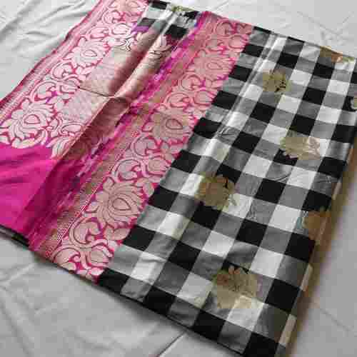 Traditional Elegant Beautiful Black And White Checked Breathable Party Wear Pure Art Silk Sarees