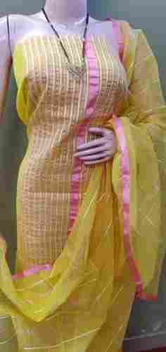 Womens Stylish Wear Comfortable And Breathable Designer Cotton Silk Yellow Suit