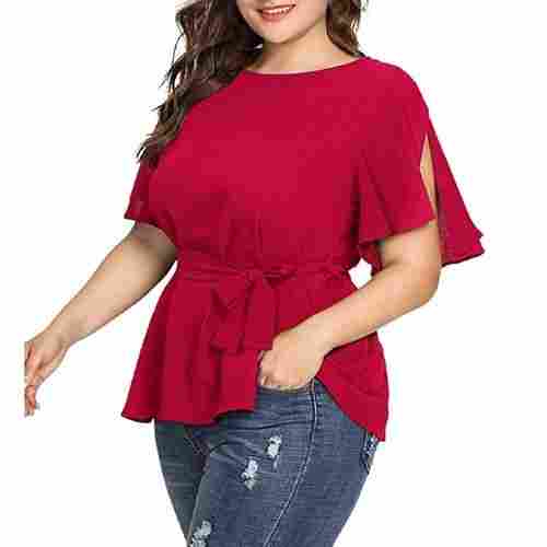 Comfortable And Washable Split Sleeve Belted Detail Top For Women