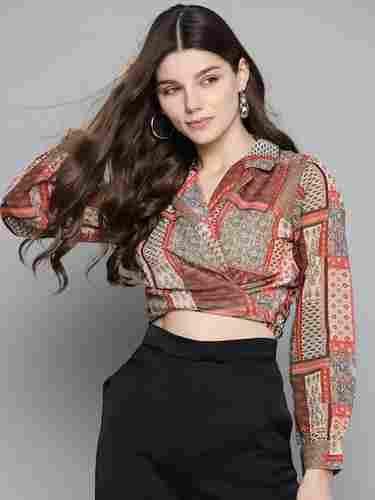 Party Wear Brown Patch Tie Knot Crop Top For Women Comfortable And Washable
