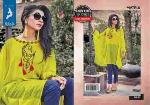 Women Yellow Color 100% Pure Cotton Short Kurti For Party Wear