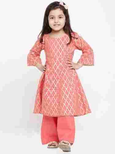Girls Casual 3/4th Sleeves Round-Neck Peach Rayon Printed Kurtis With Palazzo 