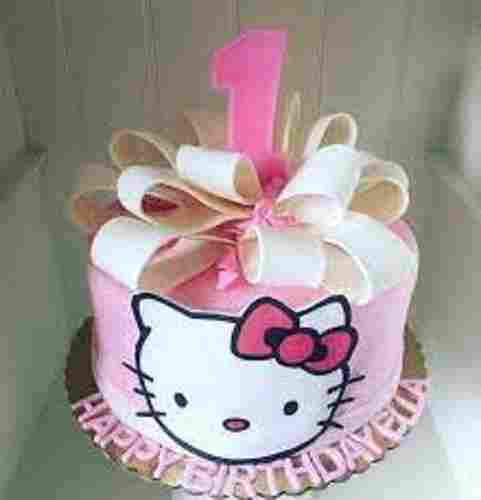Stylish With Toppings Of White Chocolate And Ribbon Kitty Design Birthday Cake