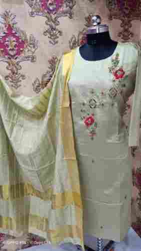 Ethnic Look Light Green Chanderi Silk Full Sleeves Designer Ladies Kurti, For Festive Wear