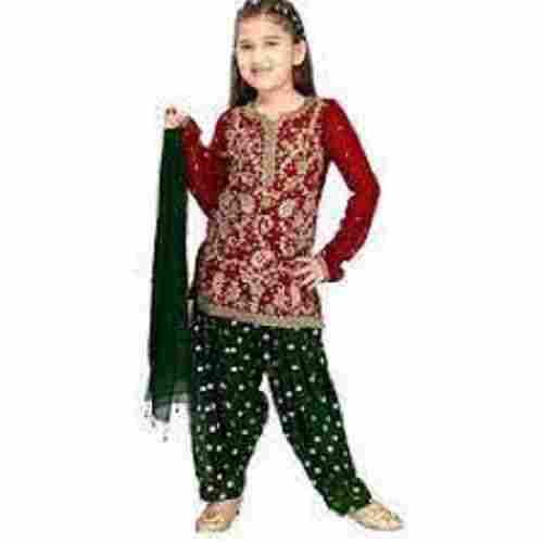 Elegant Look Embroidery Pattern Green And Maroon Color Kids Suit With Dupatta