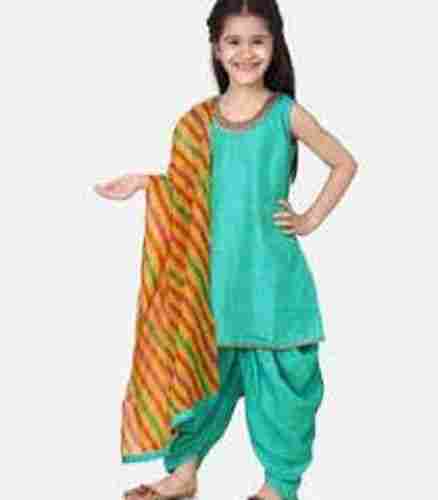 Sleeveless And Plain Dyed Green Color Girls Suit With Multi Color Dupatta