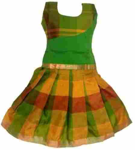 Kids Yellow And Green Check Printed Sleeveless Ethnic Wear Silk Lehenga Choli