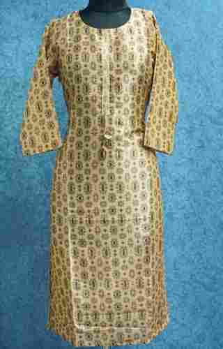 Light Brownish Designer Wear And Round Neck Quarter Sleeves Printed Cotton Silk Kurti For Ladies