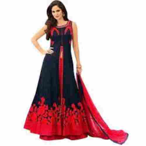 Long Dark Blue With Red Colour Combination Anarkali Style Long Dress