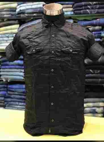 Black Color Full Sleeves Plain Collar Neck Double Pocket Mens Cotton Shirt