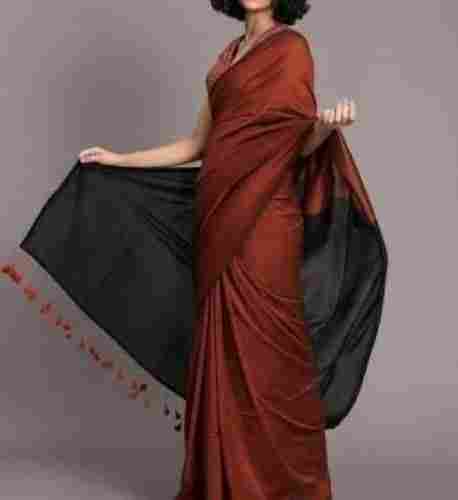 Comfortable And Washable Plain Rust Brown Elegant Silk Cotton Formal Saree For Ladies
