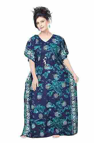 Ladies Sleeveless V-Neck Blue And Green Cotton Print Batik Kaftan Nighty