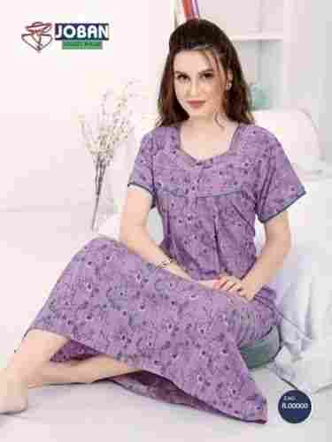 Purple Color Printed Half Sleeves Soft Cotton Nighty For Ladies With Washable