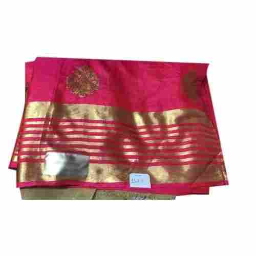 Ladies Elegant Look Party Wear Pink And Golden Fancy Silk Saree With Blouse Piece