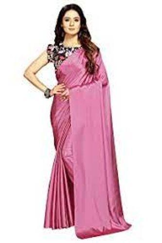 Pink Floral Art Silk Unstiched Blouse With Soft Satin Silk Plain Saree 