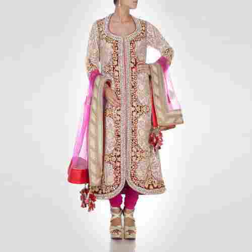 Stylish Look And Elegant Embroidered Zari Work Pink Color Ladies Suit With Dupatta