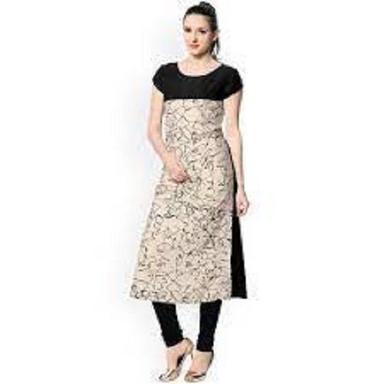 Dry Cleaning Ladies Short Sleeves Round-Neck Cream And Black Cotton Printed Long Kurti