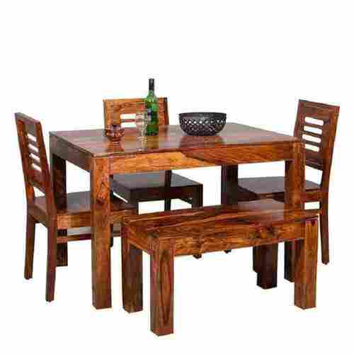 Wooden Square 4 Seater Polished Dining Table Chair Set Without Armrest
