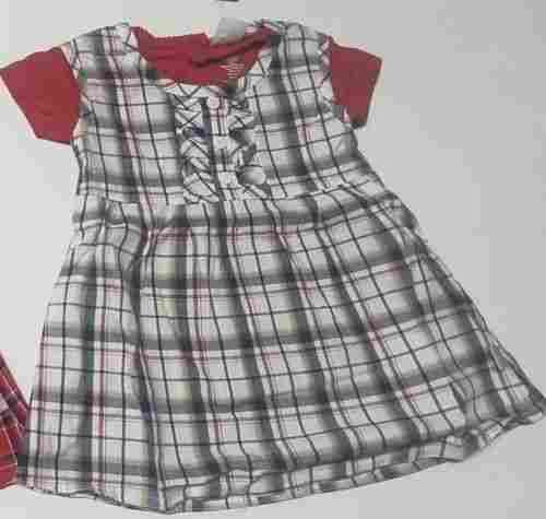 Casual Wear Red And Grey Checked Print Round Neck Short Sleeves Kids Frock