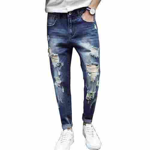 Shredded And Washed Pattern Blue Color Denim Jeans For Mens Casual Wear 