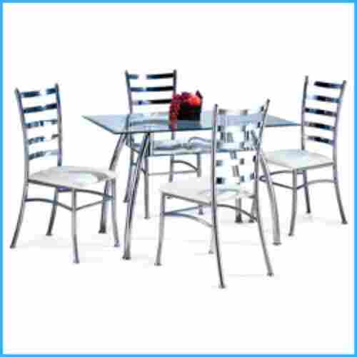 4 Seater Polish Finish Stainless Steel Dining Table Chair Set for Cafe and Hotels