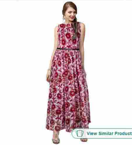 Comfortable Lightweight Beautiful Sleeveless Round Neck Party Wear Red Flower Printed Ladies Gown