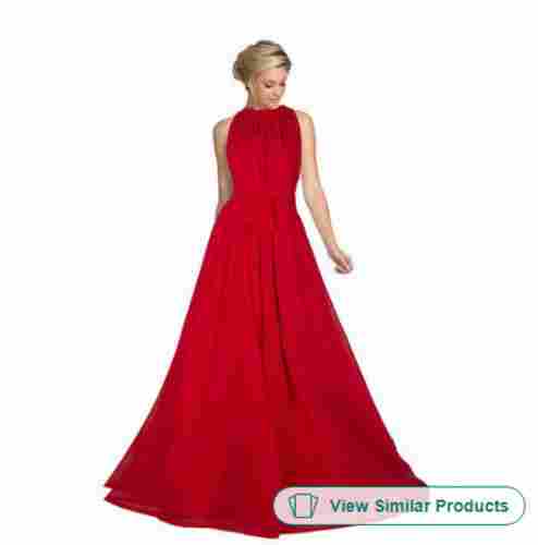 Party Wear Beautiful Comfortable Red Sleeveless Round Neck Fancy Ladies Gown 