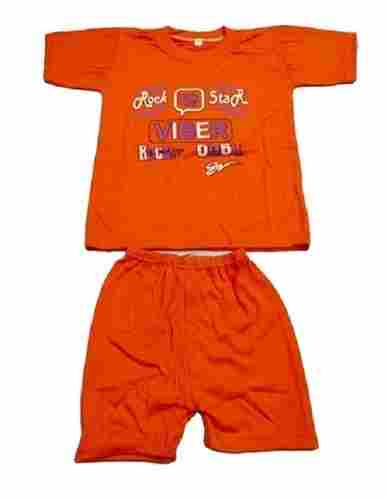 Soft And Durable Kids Casual Wear Short Sleeves Round Neck Orange Cotton Suit