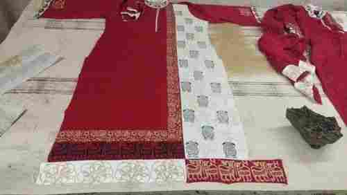 White And Red Simple Stylish Look Breathable 3-4 Sleeve Casual Wear Block Printed Ladies 