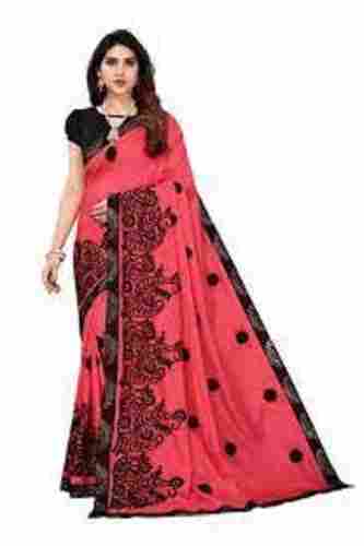 Pink And Black Color Fashionable Comfortable Silk Embroidered Designer Ladies Saree