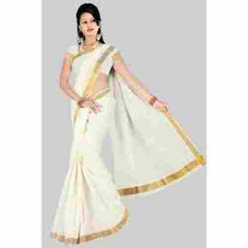 Beautiful Great Look Golden Border Best Quality Pure Off White Kerala Saree