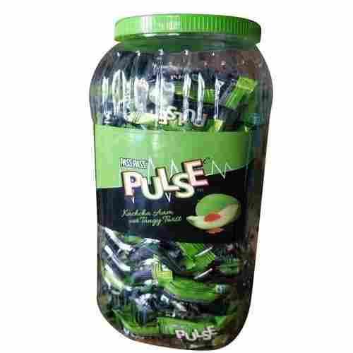 Green Solid Oval Shape Spice Filled Inside Kachcha Aam Flavor Sweet And Sour Taste Pulse Candy