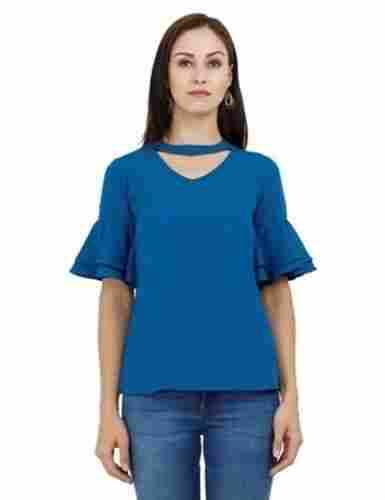 Shrink Resistant And Comfortable Women's Necklace Neck V-Style Blue Top 