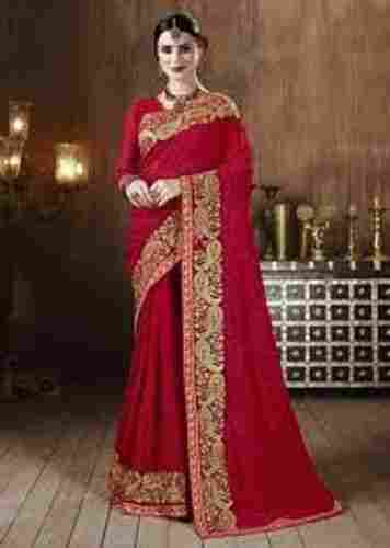 Long Lasting Comfortable Red Color Designer Ladies Saree With Blouse Piece Set