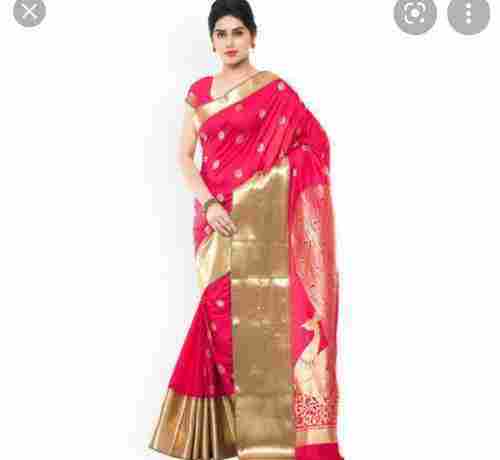 Ladies Party Wear Dotted Pattern Pink Banarasi Cotton Silk Sarees