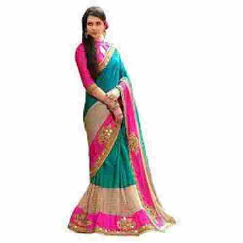 Skin Friendly Comfortable Pink And Sea Green Printed Cotton Saree For Daily Wear
