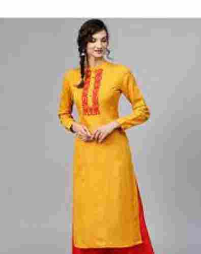 Yellow Colour Full Sleevs With Round Neck Cotton Ladies Kurta For Casual Use