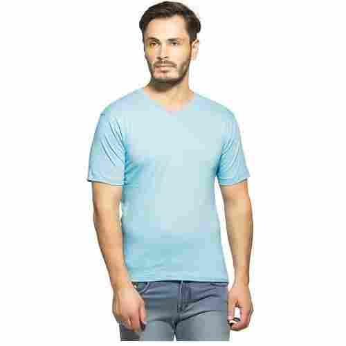 Men'S Light Blue Color V Neck Cotton Short Sleeves Plain T Shirts 
