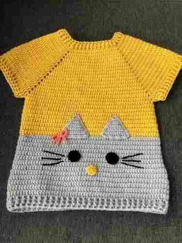 Yellow And Grey Embroidered Round Neck Short Sleeve Woolen Crochet Sweaters For Kids