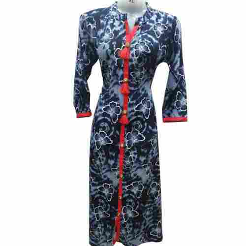 Blue Rayon Full Sleeve Beautiful Stylish Breathable Digital Printed Casual Wear Ladies Kurti 