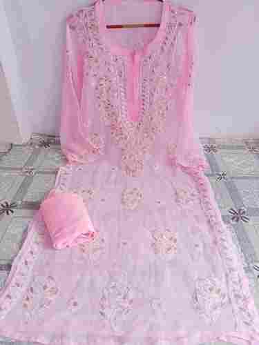 Light Pink Party Wear Comfortable Full Sleeve Beautiful And Breathable Embroidered Chiffon Ladies Kurti 