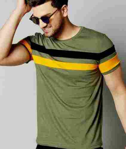 Comfortable And Breathable Short Sleeves O Neck Light Grey And Yellow Printed Cotton T Shirt For Mens