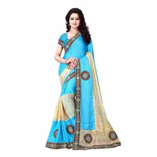 Pure Cotton Perfect Shine And Finishing Sky Blue Printed Ladies Silk Saree For Party Wear