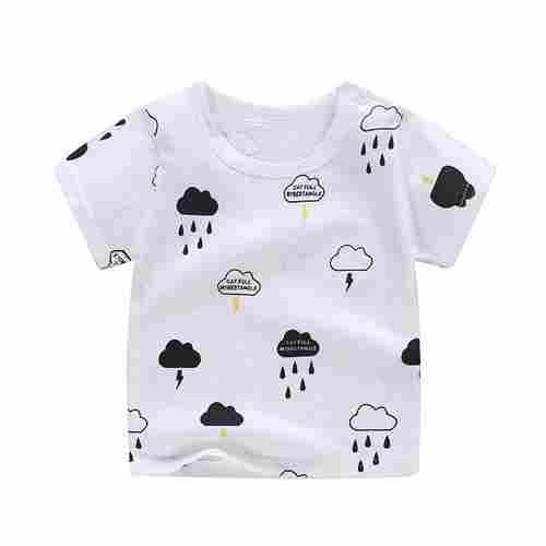 Baby White Printed Short Sleeve Round Neck Casual Wear Regular Fit Cotton T Shirt