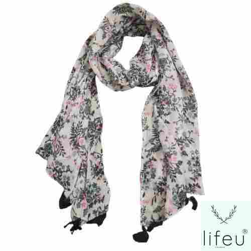 White And Pink Floral Printed Soft Poly Cotton Scarfs 