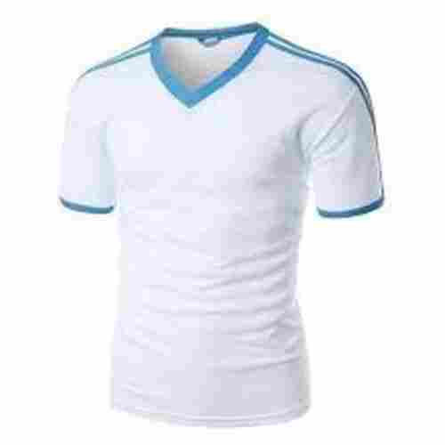 Blue V Neck Half Sleeves Comfortable Regular Casual Wear White T-Shirt 