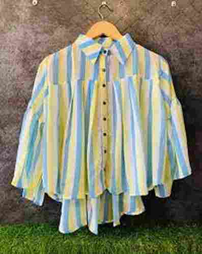 Blue With Yellow Plain Daily Wear Chiffon Top For Ladies